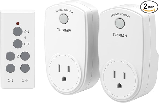 2 Pack Remote Control Outlet, TESSAN Wireless Electrical Plug Switch for Lights, Lamps, Fans, 100ft RF Range, 1200W (1 Remote + 2 Outlet)