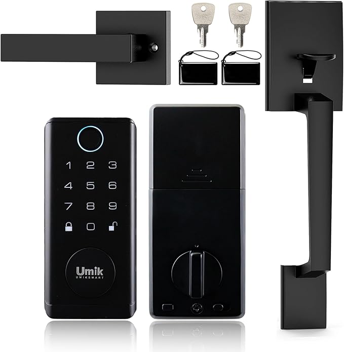 UMIK UMIKSMART Fingerprint Door Lock with Handle Set, Keyless Entry Smart Door Lock, Electronic Keypad Deadbolt Locks, App Control for Front Door, Home (Matte Black in Zinc)
