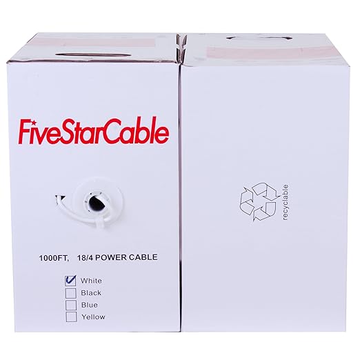 FiveStarCable 18/4 Gauge Low Voltage 4 Conductors Stranded Cable Wire - 1000 ft, 18 AWG, PVC Jacket - for Security Systems, Alarm, Audio, Control, Intercom, and Speaker Applications (White, 18-4)