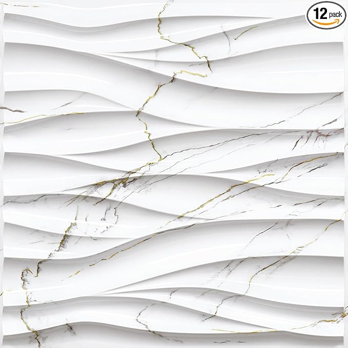 STICKGOO Wave Wall Panels for Interior Wall Decor, White Marble Mixed Gold Thread 3D Wall Panels Accent Wall, Decorative PVC Panels for Living Room Bedroom TV Background
