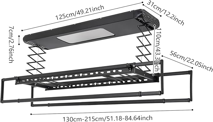 banborba Electric Retractable Airing Rack, Ceiling Mounted Clothes Drying Rack, Retractable Clothesline, Vertical Laundry Drying Rod with LED Light & Remote, 110V 24W, Black