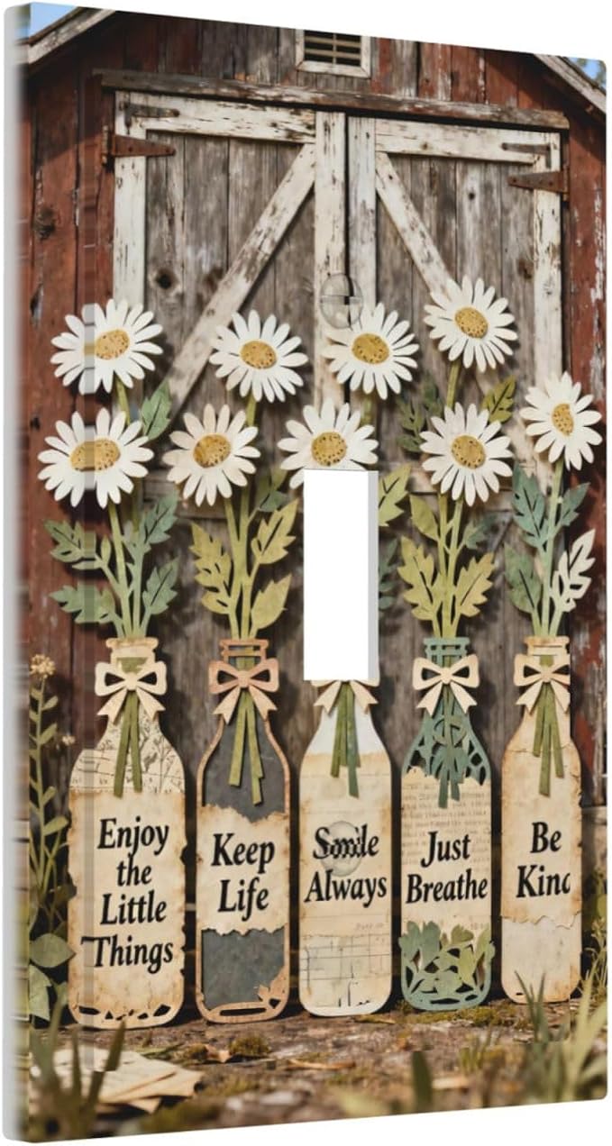 Bvtewkhz Rustic Daisy Barn Door Flowers 1 Gang Single Toggle Decorative Light Switch Covers Electrical Faceplate Switch Plates for Bathroom Kitchen Home