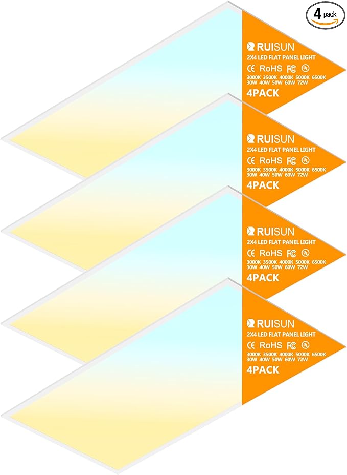 4 Pack 2x4 LED Flat Panel Light Drop Ceiling Office Fixture,Surface Mount Drop Ceiling Fixture,9576LM, 30W/40W/50W/60W/72W Selectable,3000K/3500K/4000K/5000K/6500K 5CCT,Dimmable (0-10V),ETL Listed