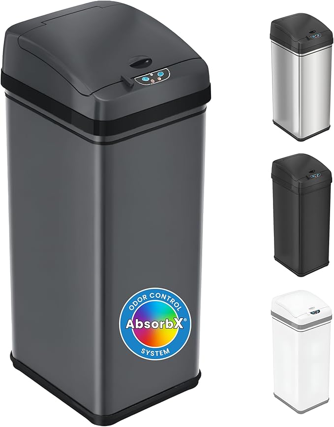 iTouchless 13 Gallon Kitchen Trash Can with Odor Filter, Automatic Motion Sensor Bin, Soft-Close Stainless Steel, Slim Wastebasket for Narrow Spaces, Gunmetal Gray