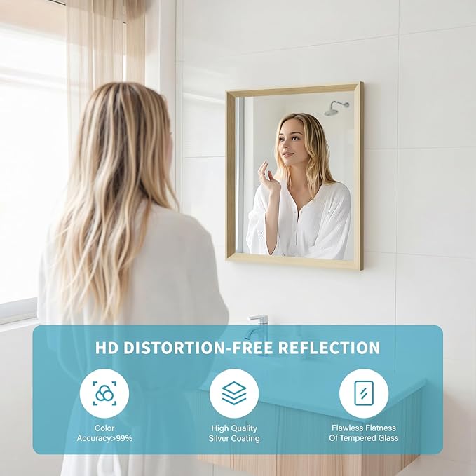 Oak Wood Effect Framed Wall Mirror, 16x20 Rectangle Mirror, 1/8" Anti-desilvering Tempered Glass, Sustainable&Sturdy Frame, Anti-Rust, HD Reflection &3min Fast Setup for Bathroom Living Room
