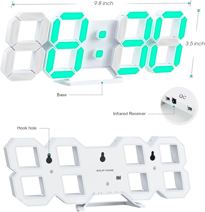 EDUP HOME 3D LED Neon Digital Desk Wall Alarm Clock RGB Night Light 7 Colors 9.7" with Remote Control for Bedroom/Living Room/Kitchen/Office, Adjustable Brightness,12/24 Hr, Time/Date/Temperature