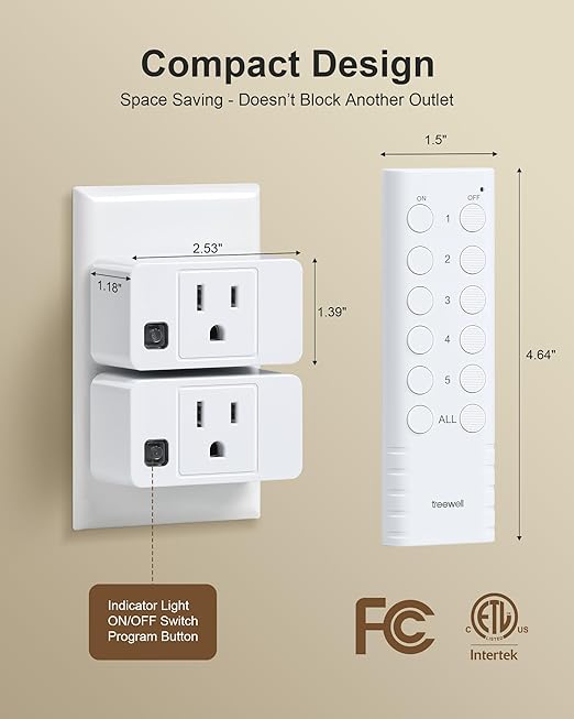 Wireless Remote Control Outlet, 200FT Long Range Remote Light Switch, Mini Remote Outlet Plug, 15A/1875W High-Power for Lamps, Lights, Household Appliances, FCC & ETL Listed (5 Outlets + 2 Remotes)