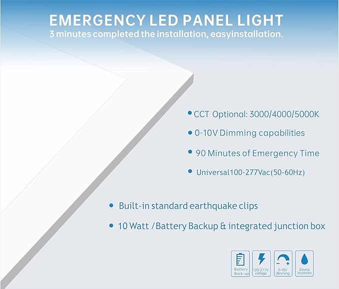2X4 LED Flat Panel Light with Emergency Battery Backup, 50W 3000K/4000K/5000K, 0-10V Dimmable, 6500 Lumens, LED Drop Ceiling Lights, 100-277V, DLC UL Listed, Ultra Thin Back-Lit (72 Pack)