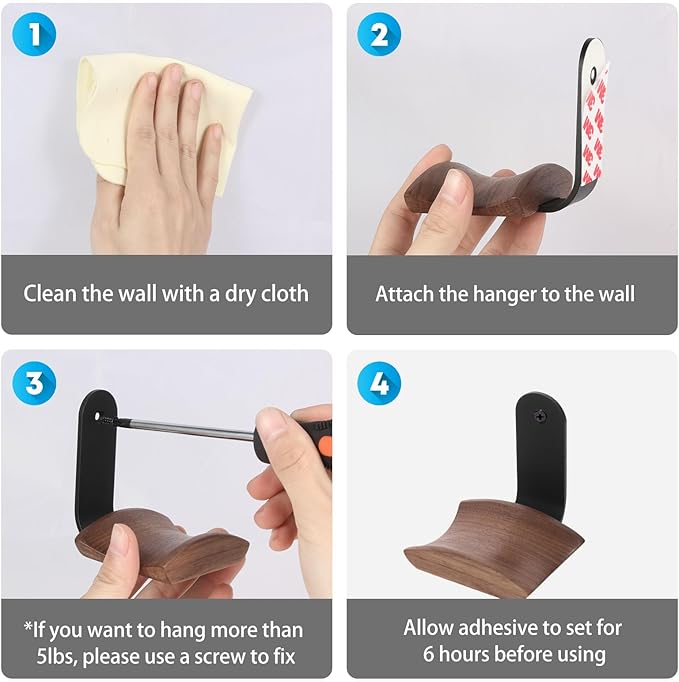 Mt.Jun Walnut Wood Headphone Wall Mount Holder, with VHB Adhesive Tape and Screw, Holds 10 lbs (Black & Walnut Wood)