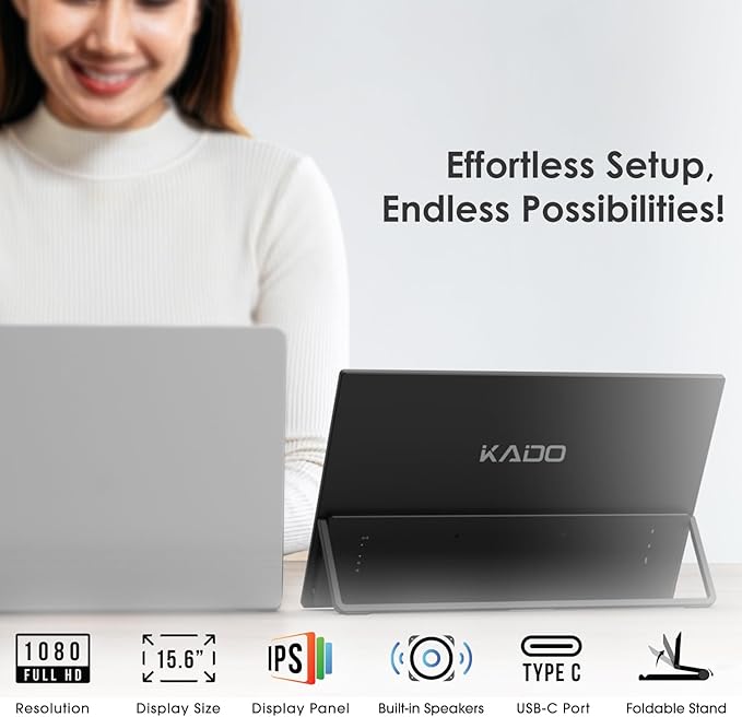 Kado Dual Portable Monitor Setup - 2-Pack 15.6" 1080p IPS Triple Monitor Extender for Laptop, 1920x1080 HDMI USB-C 180° Kickstand Built-in Speakers, Stacked Desktop Setup Office Gaming Daytrading