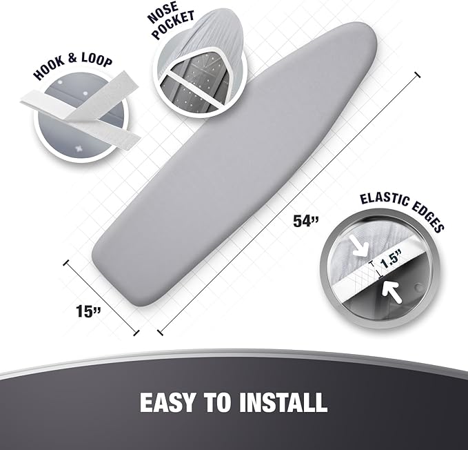 COTTY HOME Extra Thick Ironing Board Covers with Pad Standard Size 15x54, Heat Reflective Full Scorch Resistant Padding, Snug Fit Non-Slip Nose Pocket Fastener Straps Elastic Edges, Gray