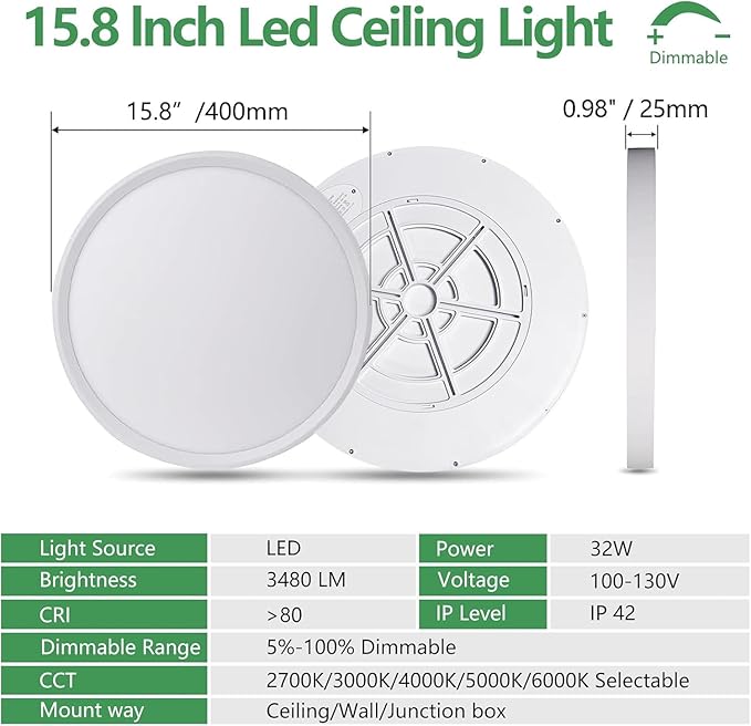 6PK 15.8 Inch Dimmable LED Flush Mount Ceiling Light, 32W, 3480LM, 2700K/3000K/4000K/5000K/6000K, Round Flat Panel Low Profile Ceiling Light Fitures for Hallway, Kitchen, Bedroom, White