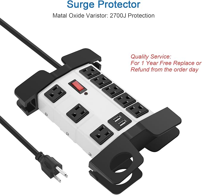 Heavy Duty Power Strip with USB, Workshop 8 Outlet Surge Protector 2700 Joules, Grey Industrial Metal 15Amp Power Strip, 15FT Extension Cord and Wide Spaced.