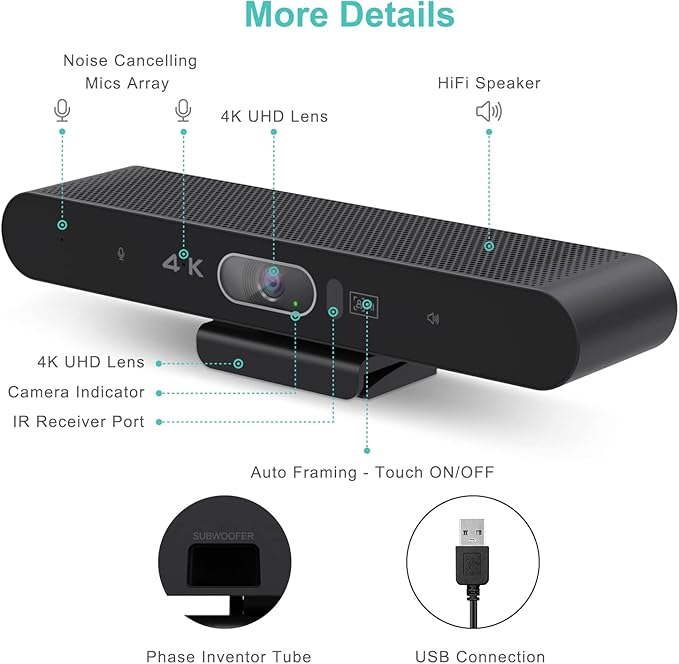 RayBit 4K Pro Audio and Video Conference Room Camera with Remote Control for Windows TV, AI-Powered HD Webcam with Microphone & Speaker for Desktop Computer/PC/Monitor/Laptop/Teams/Zoom/Skype