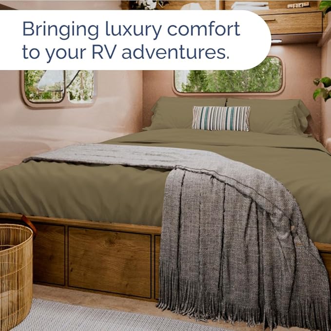 RV Short Queen Sheet Set 60 X 75 - 4 Piece RV Short Queen Bed Sheets - Soft, Breathable & Cooling - Designed for Bunks, Trailers and Campers - Fits 8” to 12" Mattress - Hotel Luxury Bedding - Khaki