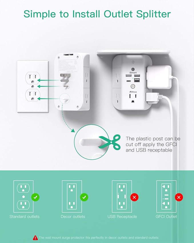 PD20W Wall Outlet Extender, Outlet Splitter with Shelf and Night Light, USB Wall Charger with 5 AC Outlets and 2 USB A Ports 2 USB C Ports Wide Space 3-Sided Power Strip Multi Plug Outlets