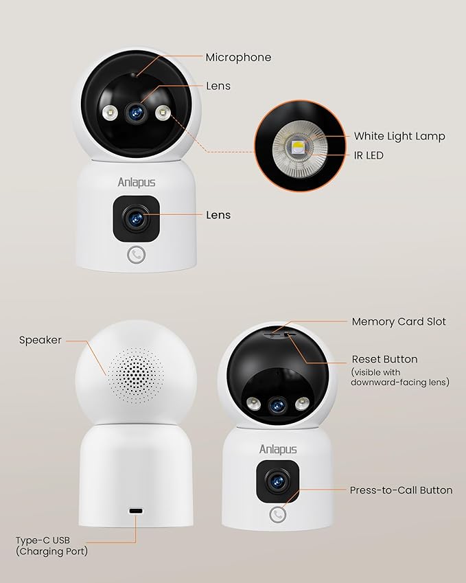 Anlapus 4 x A51D 4MP Dual Lens(2MP+2MP) Indoor Security Camera, Motion Detect, Auto Track, Plug-in, 360° WiFi Pan/Tilt Camera, 2.4GHz WiFi, Two-Way Talk, Light & Siren Alert, Memory Card Not Include