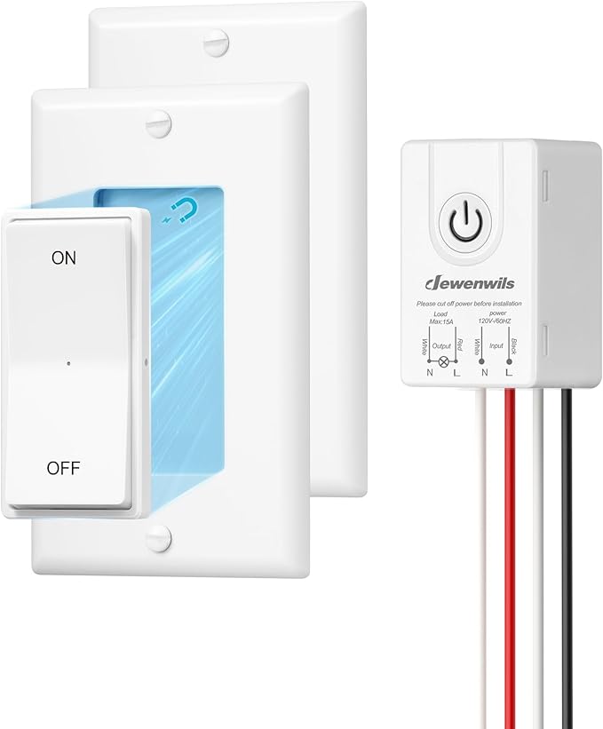 DEWENWILS Wireless Light Switch and Receiver Kit, 15A, No Wiring, No Interference, 100FT Control Range, Remote Light Switches Wireless for Lamp, Ceiling Light, Fan, 2 Transmitter+1 Receiver