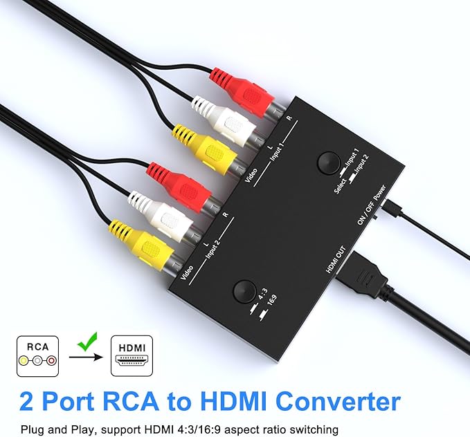RuiPuo 2 Port RCA/AV to HDMI Converter Adapter Support 16:9/4:3 for WII/N64/PS1/PS2/PS3/VHS/VCR/DVD Players etc(2 AV in 1 HDMI Out)