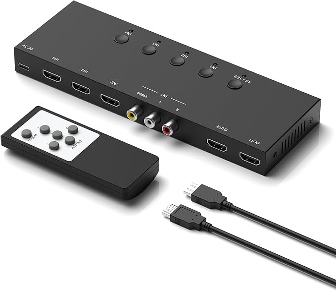 ZUZONG (3 Ports HDMI 2.0 + 1 RCA to 2 HDMI Converter (2 Outputs Can Simultaneous Display) Switcher Splitter Support 4:3/16:9 Switching for N64 NGC Wii Xbox PS2/3/4/5 Switch Apple TV Fire TV Roku