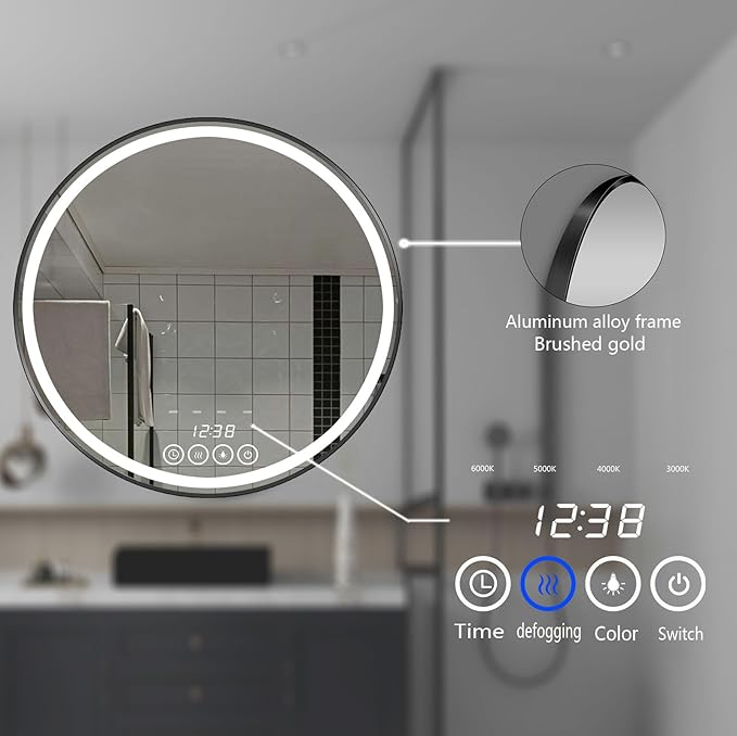 24 Inch Wall-Mounted Round Bathroom Mirror with LED-Lights - Frame Vanity Mirrors (24" x 24", Black)