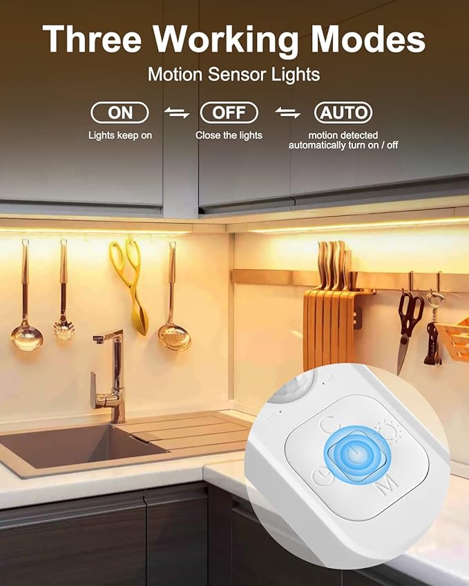 Feuymoent Motion Sensor LED Strip Light - Cabinet Strip Lights with 24W Plug, Dimmer and Timing, 9.84ft 3000K WarmWhite
