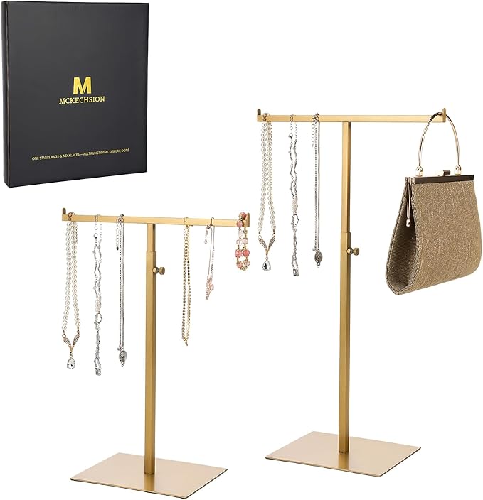 Purse Display Stand Jewelry Towers 2 Packs Stainless Steel Bag Stand Tabletop Adjustable Height Double Hook Hanging Jewelry Stands for Necklaces Organizer Home Store Boutique (Anti-fingerprint)