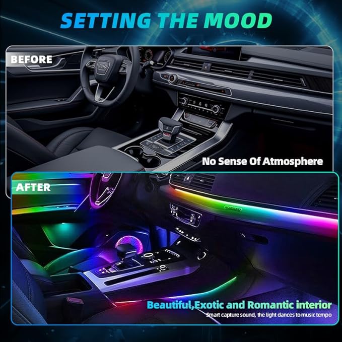 Acrylic Interior Car LED Strip Lights, Colorful 10-in-1 Car Ambient Lighting Kit, with Wireless APP Control, 622 LED Fiber Optic Strip Lights for Cars, Supports Neon Sync with Music DIY Mode