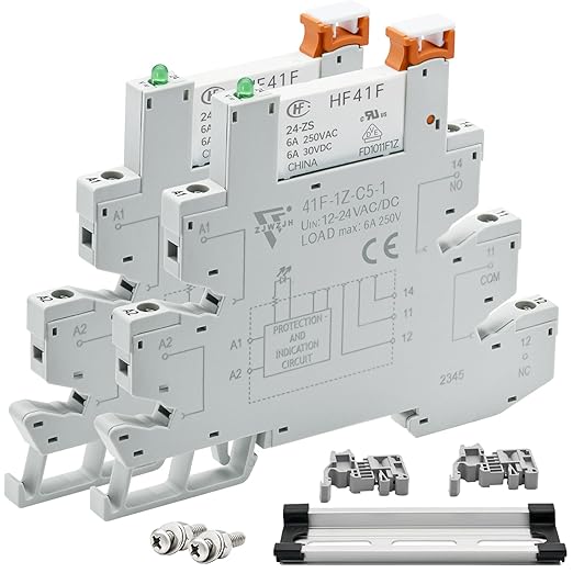2Pcs Miniature Power Relay DC 24V HF41F/24-ZS 5 Pin 1NO 1NC 6A SPDT with LED Indicator with Socket Base 41F-1Z-C5 with DIN Rail UL Certification
