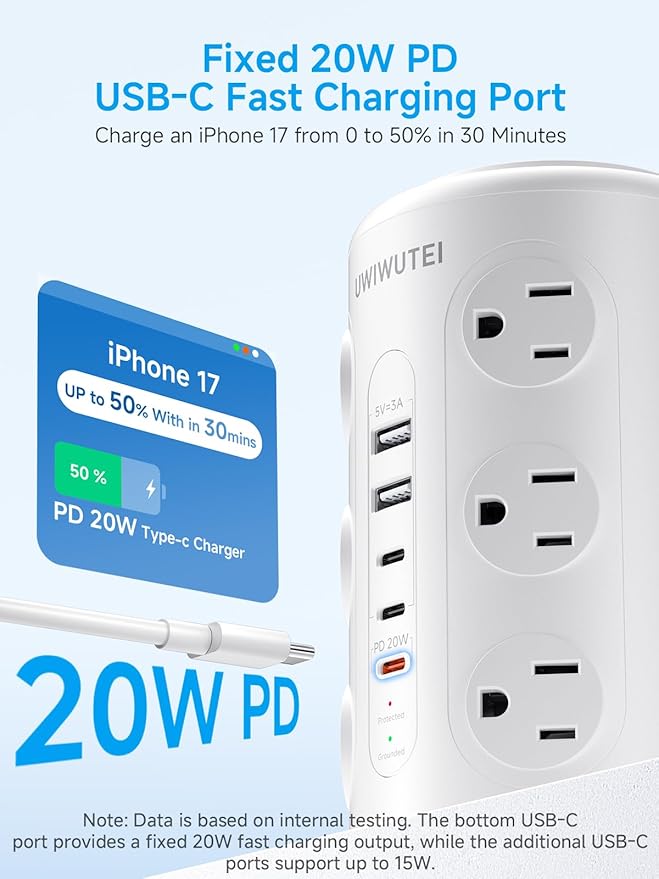 Tower Power Strip with 1 Dedicated PD 20W Fast-Charging Port, 12 Outlets, 5 USB Ports (3 USB-C), 1800J Protector, Desk Charging Station for Multiple Devices, 6FT Extension Cord, Home Office Essentials