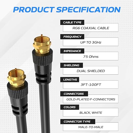 Cables Direct Online Pack of 2 x Coaxial Cables 100FT Black Coax RG6 Male F - Image 2