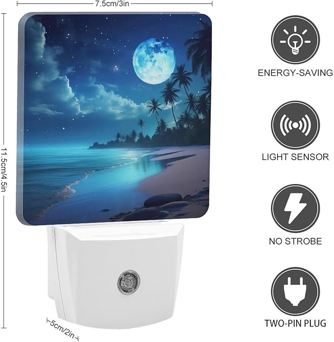 YKJAHSD Moon Beach Night Light, Plug into Wall Decor Nightlights for Bedroom, Bathroom, Hallway, Kitchen, with Dusk to Dawn Light Auto Sensors LED Night Lights for Boys Girls Women Men Room Gifts