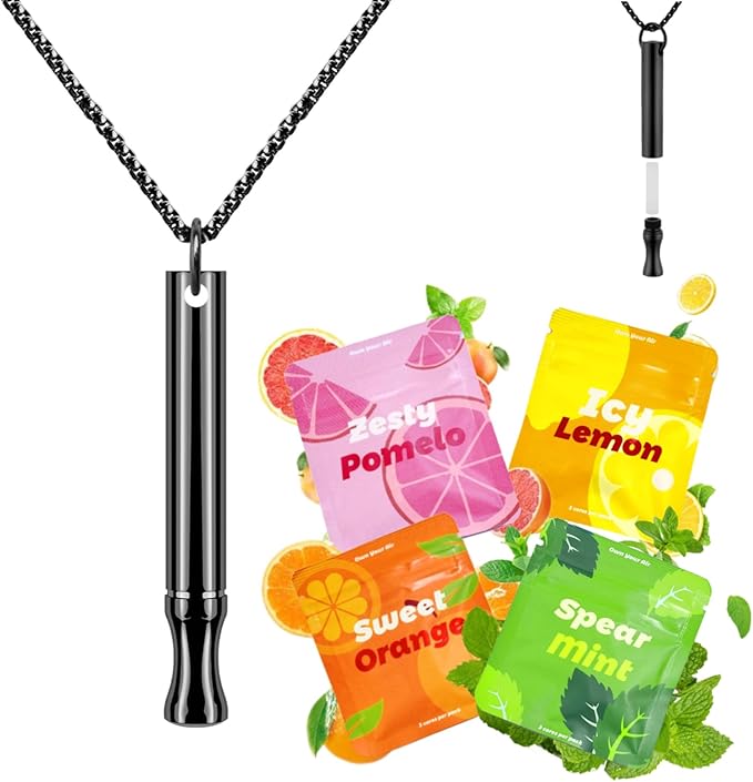 Replace Bad Habit Flavored Air Necklace with 12pcs Refillable Cores in 4 Flavors, Habit Support Refreshing Necklace for Stress Relief Sensory Fidget for Adults (Black)
