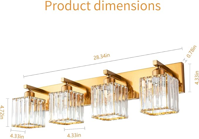 FDPBY Modern Vanity Light 4-Lights Modern Gold Brushed Brass Finish Crystal Wall Light Bathroom Vanity Light Fixtures