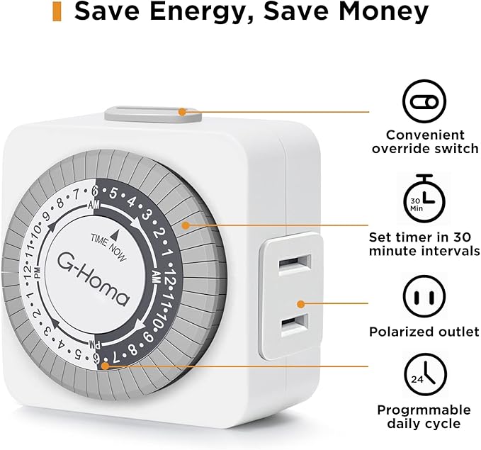 G-Homa Timers for Electrical Outlets 4 Packs,24 Hour Indoor Plug-in Mechanical Timer,30 Minute Intervals, Daily On/Off Cycle,1 Polarized Outlet, for Grow Light,Christmas Lights, Lamps ETL Listed