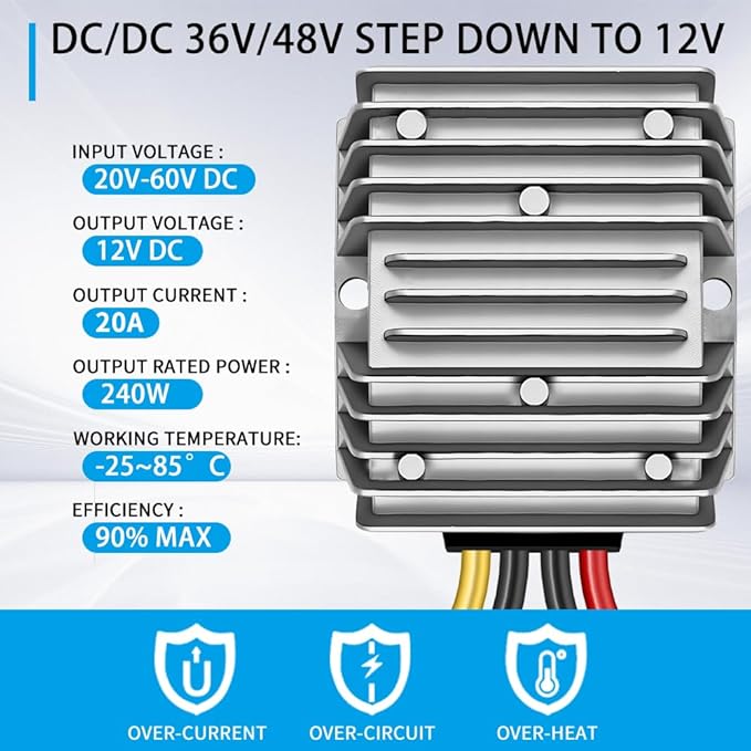 DC 36V/48V Step Down to 12V 20A 240W DC Converter Regulator Voltage Regulator, 12V Converter, IP67 Waterproof Power Supply Module Buck Transformer for Golf Cart Forklifts Car Truck Boat Vehicle