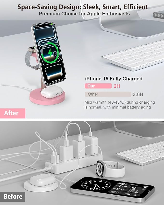3 in 1 Wireless Charging Station for Apple, 15W Fast Magnetic Charger Stand Wireless Nightstand for Bedrooms, iPhone 17 16 15 14 13 12 Series, Apple Watch, Airpods, Women Gifts (No AC Adapter) Pink