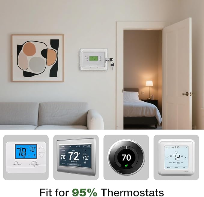 AUURIO 2 PCS Upgraded Thermostat Lock Box with Key, Large Space Thermostat Cover Seamless Anastomosis, Clear Decorative AC Lock Box Cover on Wall Fits Thermostats 4.8" H x 6" W or Smaller