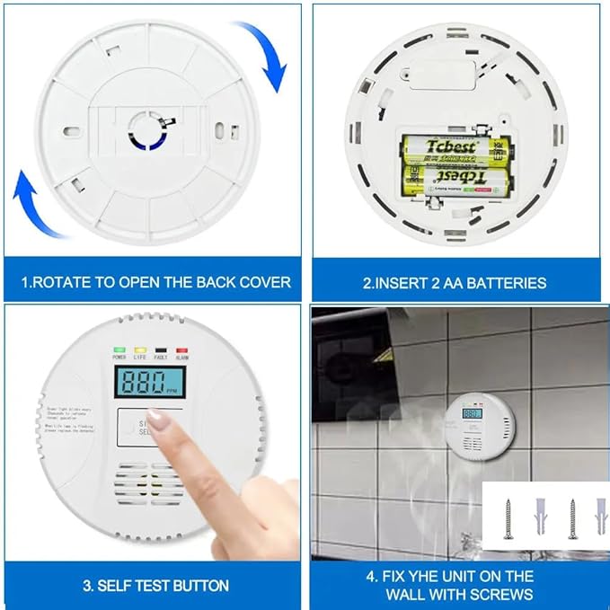 Carbon Monoxide Detector, VzmcovCO Monitor Powered by AA Battery (not Included), with LCD Digital Display, Used for Voice Alarm in Home Office, Hotel Garage, Kitchen, Bedroom, Living Room (1Pack)