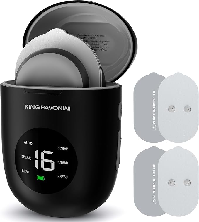 KingPavonini Wireless TENS Unit, Muscle Stimulator for Pain Relief, Portable Rechargeable TENS EMS Machine, LED Screen, Remote, Dual Channel 6 Modes 16 Intensity Massager, Charging Case (Black)