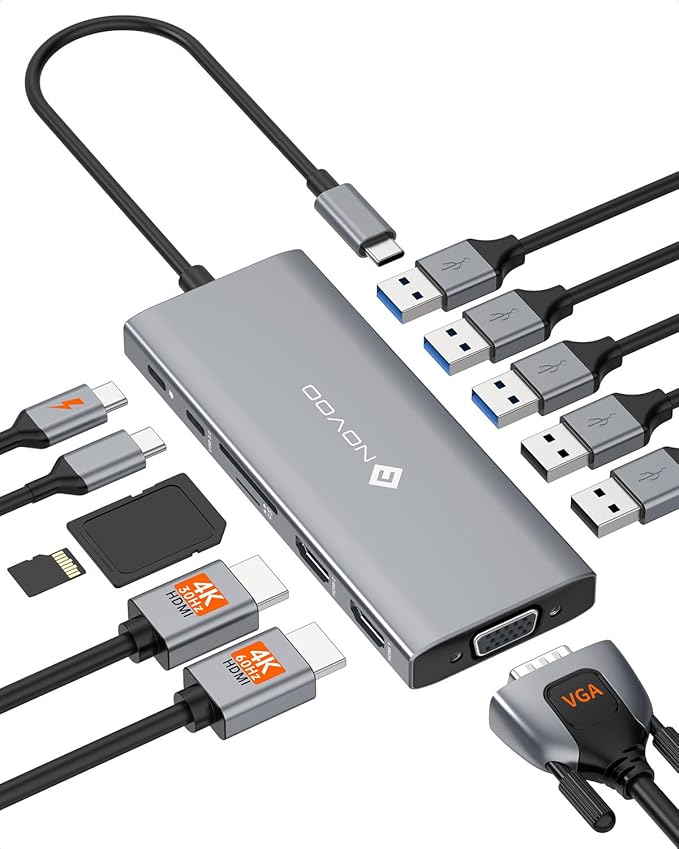NOVOO USB C Docking Station, 12 in 1 Docking Station Dual Monitor with 2 HDMI, VGA, 5 USB Ports, 100W PD, USB-C Data, SD/TF Card Reader, Compatible with MacBook/Dell/HP/Surface