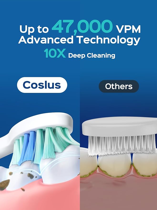 COSLUS Sonic Electric Toothbrush for Kids & Adults: 47000 VPM for Deep Cleaning & Whitening with Travel Case - 5 Modes for Sensitive Teeth & Braces, Wireless Charging, 6 Brush Heads, Pink (1PC)