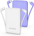 10000mAh Mini Portable Charger with Built in Cable, Pocket Size Power Bank Travel External Battery Pack for Phone, 3 Output USB Type C Cord Clutch Compatible with iPhone, Samsung,2 Pack Purple & White