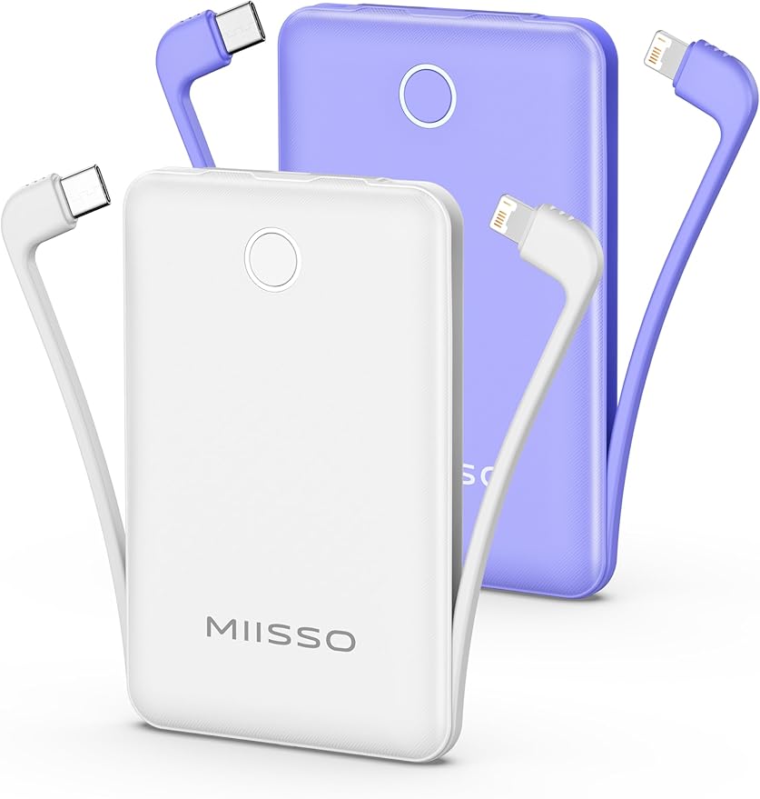 10000mAh Mini Portable Charger with Built in Cable, Pocket Size Power Bank Travel External Battery Pack for Phone, 3 Output USB Type C Cord Clutch Compatible with iPhone, Samsung,2 Pack Purple & White