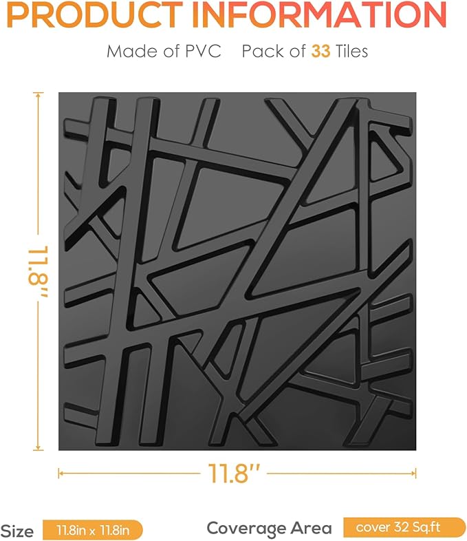 LEVOWAY 33 Pack 3D Wall Panels for Interior Wall Decor, 12''x12'' Black Accent Textured Wall Panels, Wall Covering Panles for Living Room, Gaming Room, TV Background, Cover 32 Sq.Ft