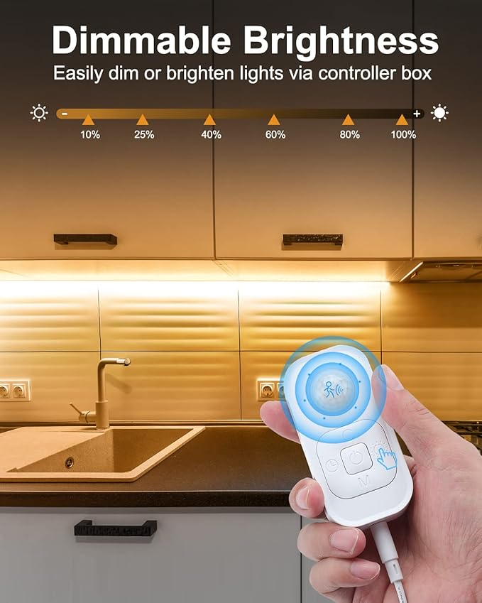 Feuymoent Motion Sensor LED Strip Light - Cabinet Strip Lights with 24W Plug, Dimmer, and Timing, 16.4ft for Under Cabinet, Kitchen, 3000K WarmWhite