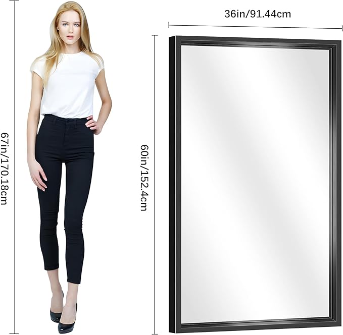 Large Bathroom Mirror, 60 x 36 Inch Rectangular Wall Mirror 0.6" Thickened Deep Frame, Brushed Black Mirrors for Bathroom Sink, Shatterproof Tempered Glass, Antirust, Horizontally or Vertically