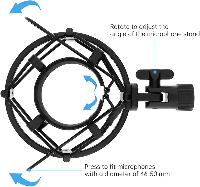Anti-vibration Microphone Shock Mount for 46mm-50mm Condenser Microphones with Pop Filter for Broadcasting Studio Music Recording, Wind Pop Screen Flexible 360 Degree Gooseneck Clip Arm