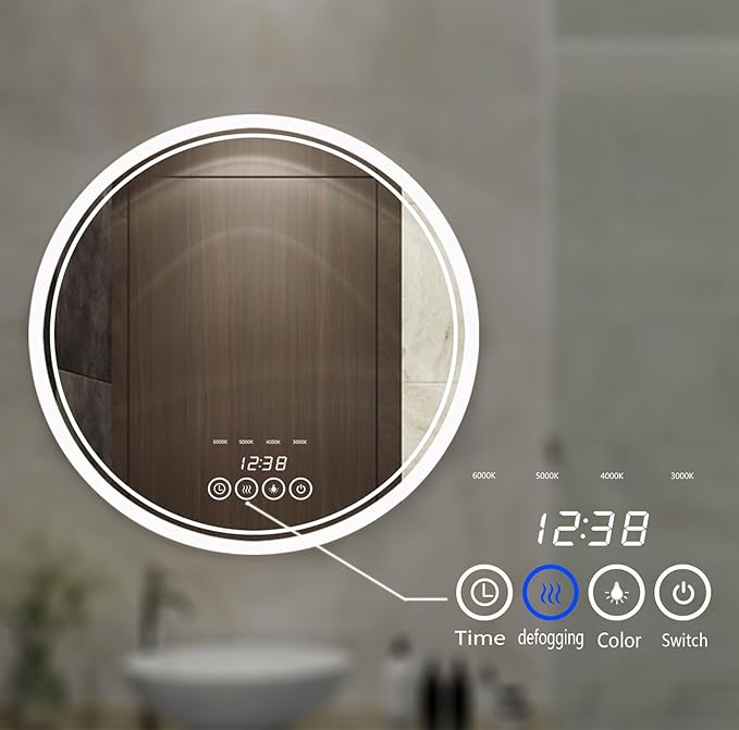 Wall-Mounted Round Bathroom Mirror with LED-Lights - 36 Inch Vanity Mirrors with Dimmable (36" x 36",Frameless)