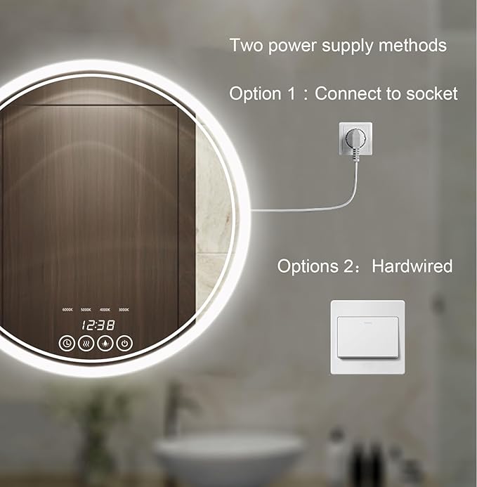 24 Inch Wall-Mounted Round Bathroom Mirror with LED-Lights - Vanity Mirrors (24" x 24",Frameless)